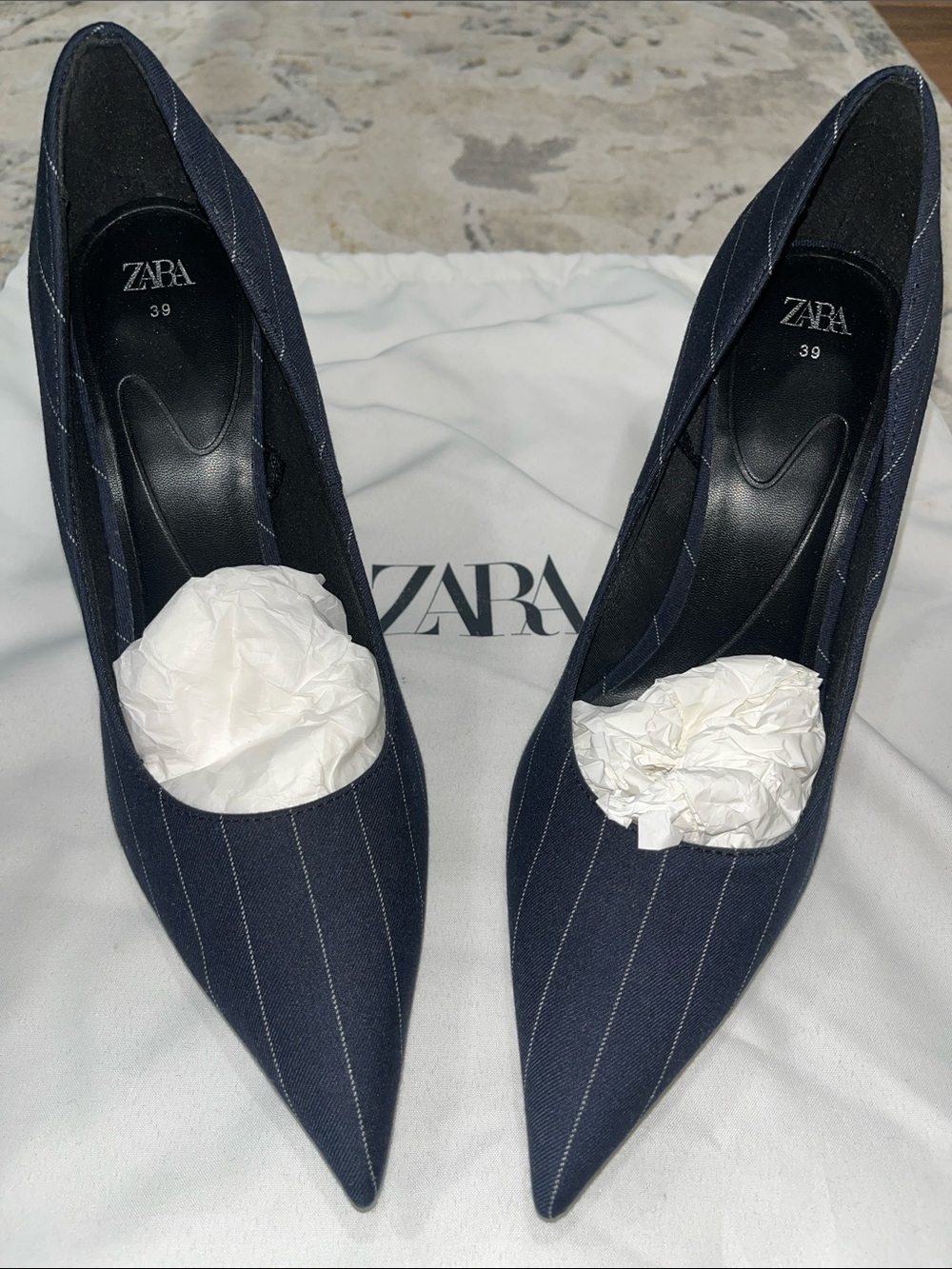 ZARA Navy Pinstripe Pointed Pumps